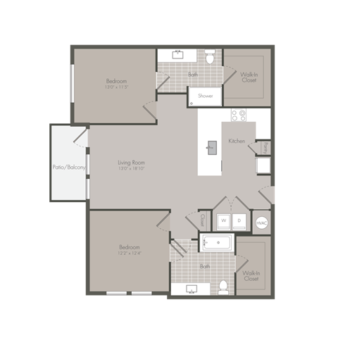 Floor plan for 2 beds, 2 baths, 1124 sqft
